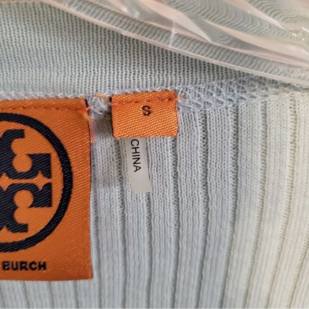 Tory Burch Simone Ribbed Button Down Cardigan Blue Gold Cotton Sz S